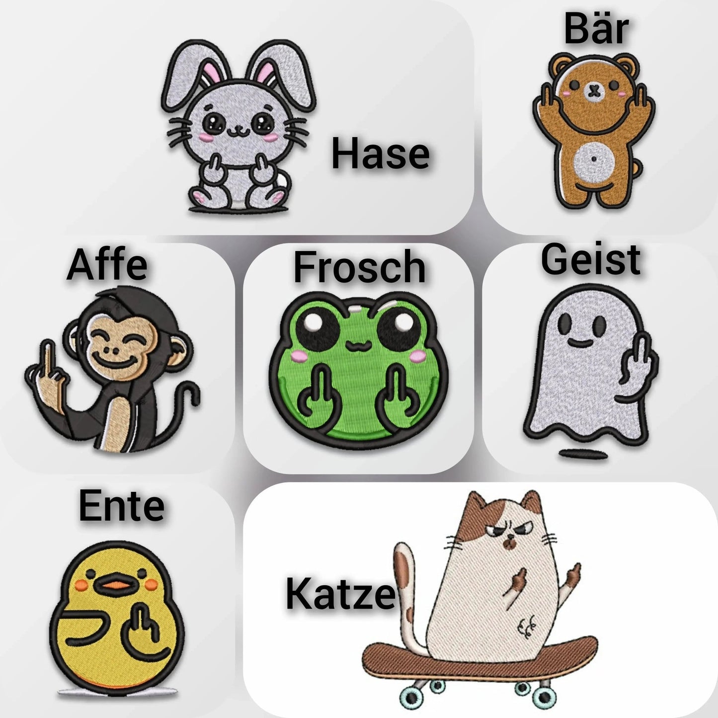 Bestickte Bommelmütze - Pom Pom Beanie | Mittelfinger Tiere - Lustiges Statement Accessoire - KittySweetCrochet