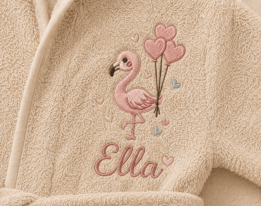 Bestickter Baby & Kinder Bademantel mit Namen & Flamingo– Hasenohren - KittySweetCrochet