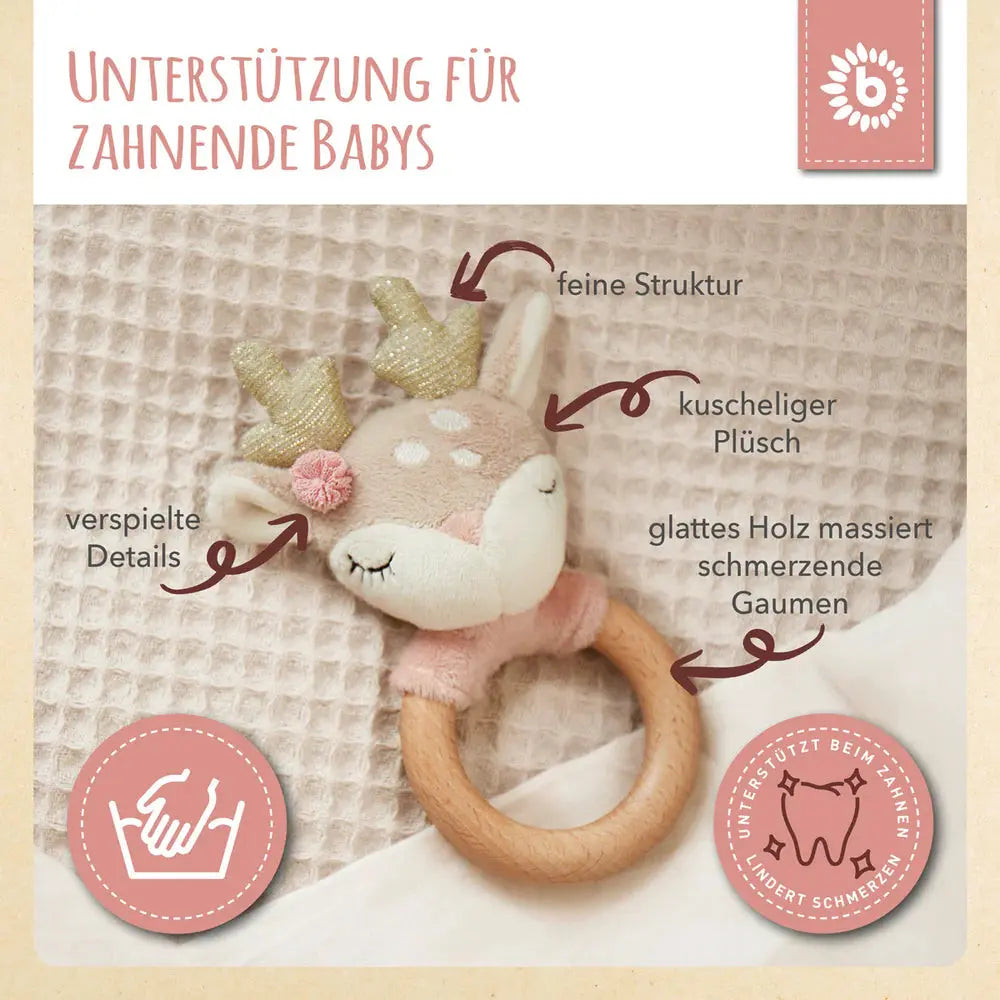Greifring aus Holz mit weichem Reh „Ella“ in Beige und Rosa – liebevoll gestaltetes Babyspielzeug zum Greifen, Fühlen und Zahnen, ideal als Geschenk zur Geburt oder Babyparty.