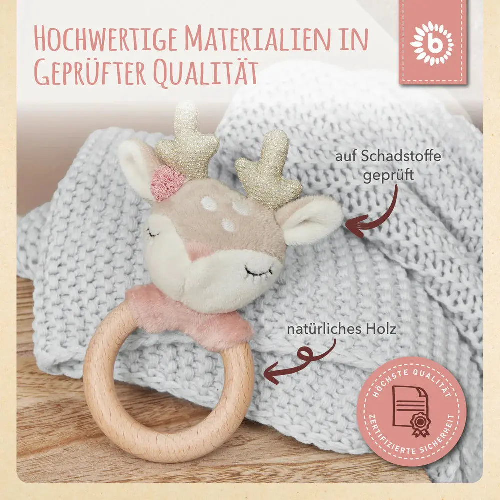 Greifring aus Holz mit weichem Reh „Ella“ in Beige und Rosa – liebevoll gestaltetes Babyspielzeug zum Greifen, Fühlen und Zahnen, ideal als Geschenk zur Geburt oder Babyparty.