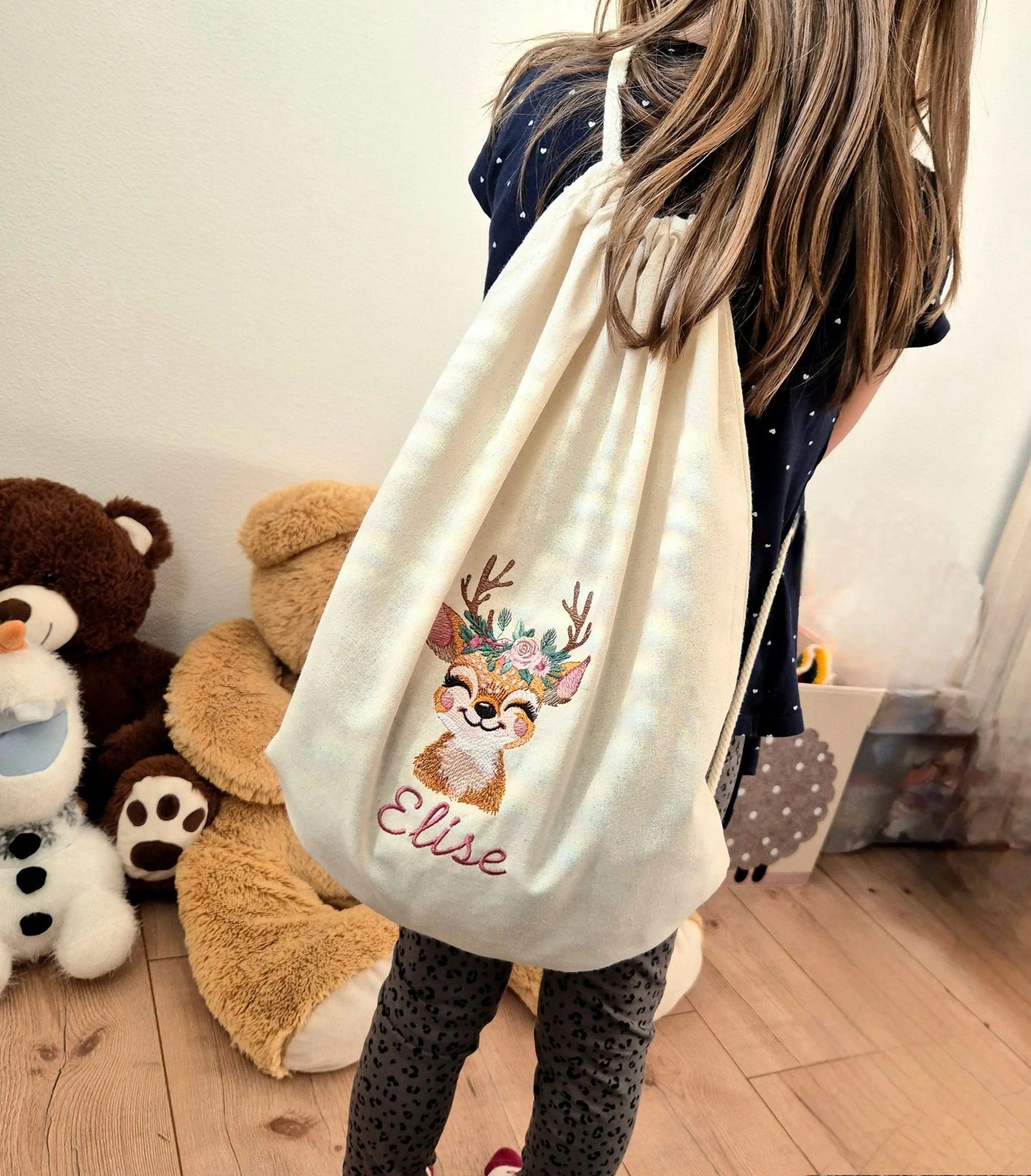 Bestickter Bio - Baumwoll Rucksack REH, fairtrade in verschiedenen Farben - KittySweetCrochet