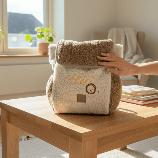 Personalisierter Kinder Rucksack mit Namen – Teddy Stoff Rucksack mit Löwe | Geschenk für Kinder & Kindergarten - KittySweetCrochet