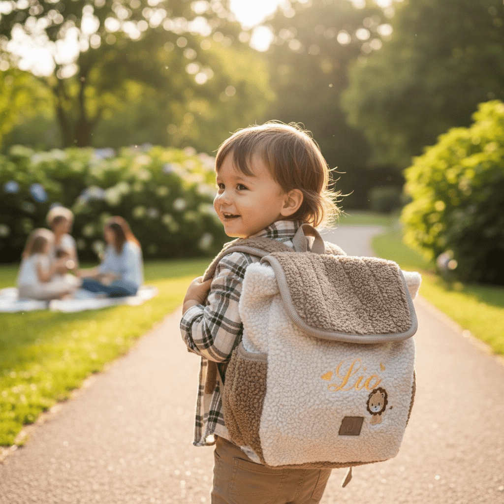 Personalisierter Kinder Rucksack mit Namen – Teddy Stoff Rucksack mit Löwe | Geschenk für Kinder & Kindergarten - KittySweetCrochet