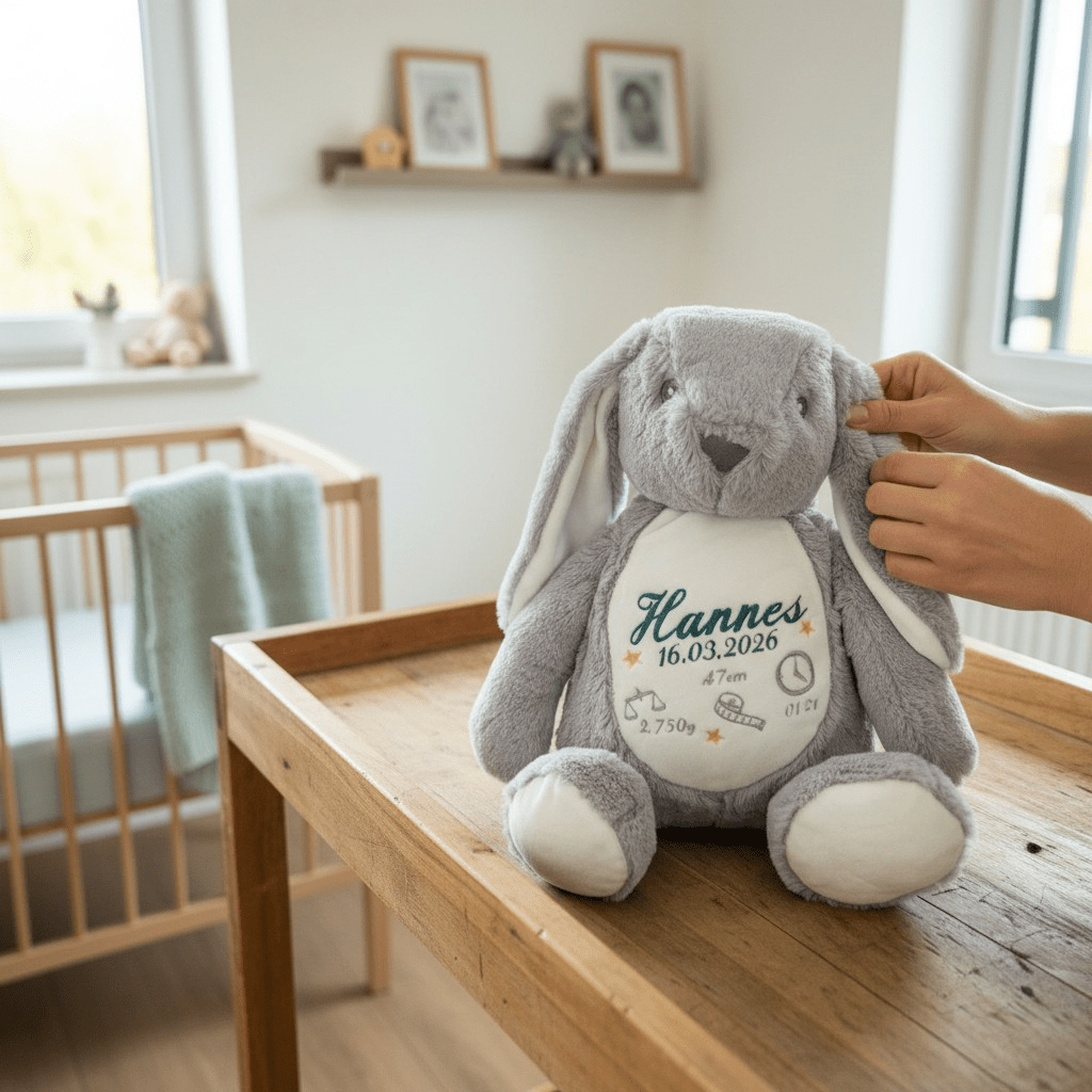 Personalisierter Kuschelhase mit Geburtsdaten – besticktes Baby Geschenk zur Geburt - KittySweetCrochet