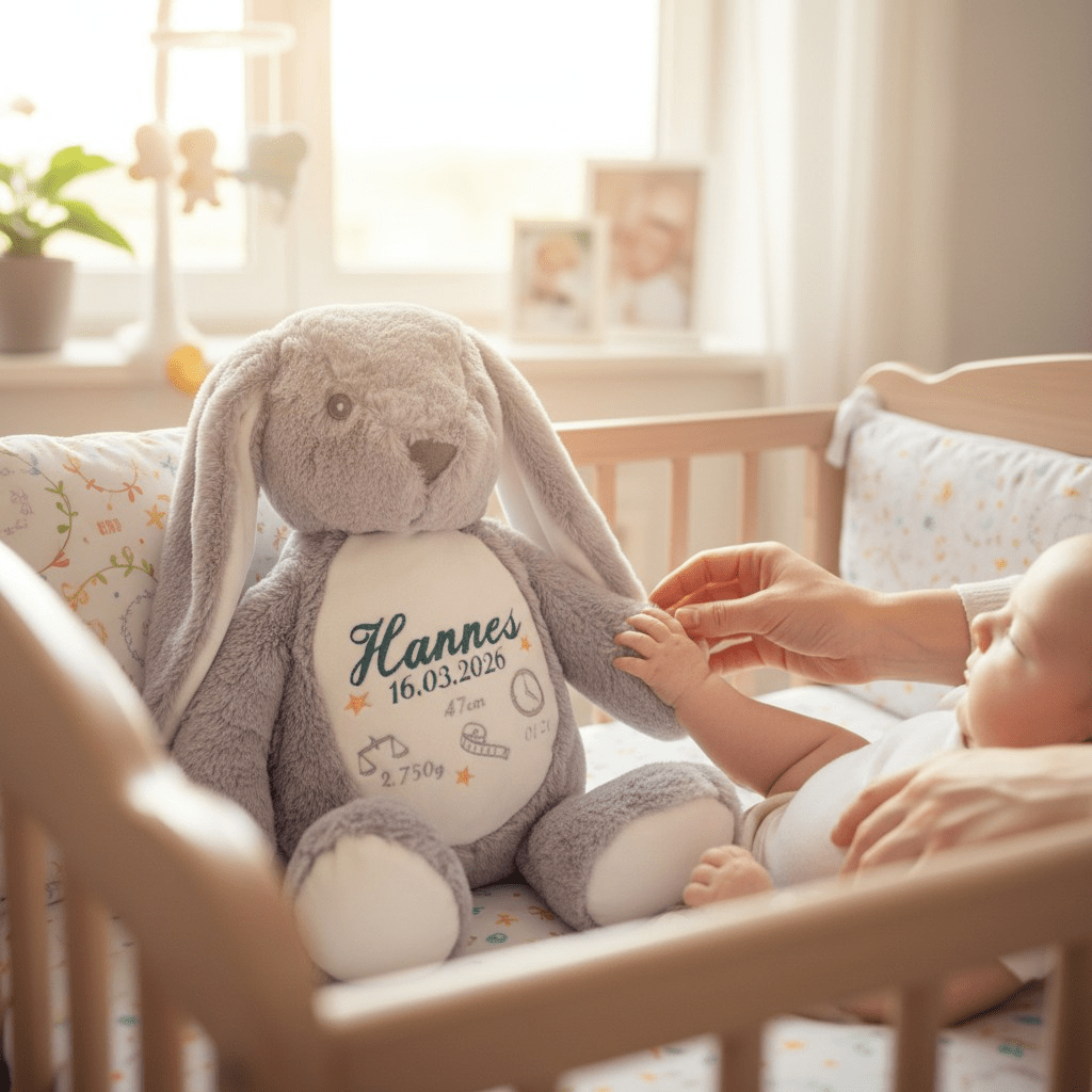 Personalisierter Kuschelhase mit Geburtsdaten – besticktes Baby Geschenk zur Geburt - KittySweetCrochet