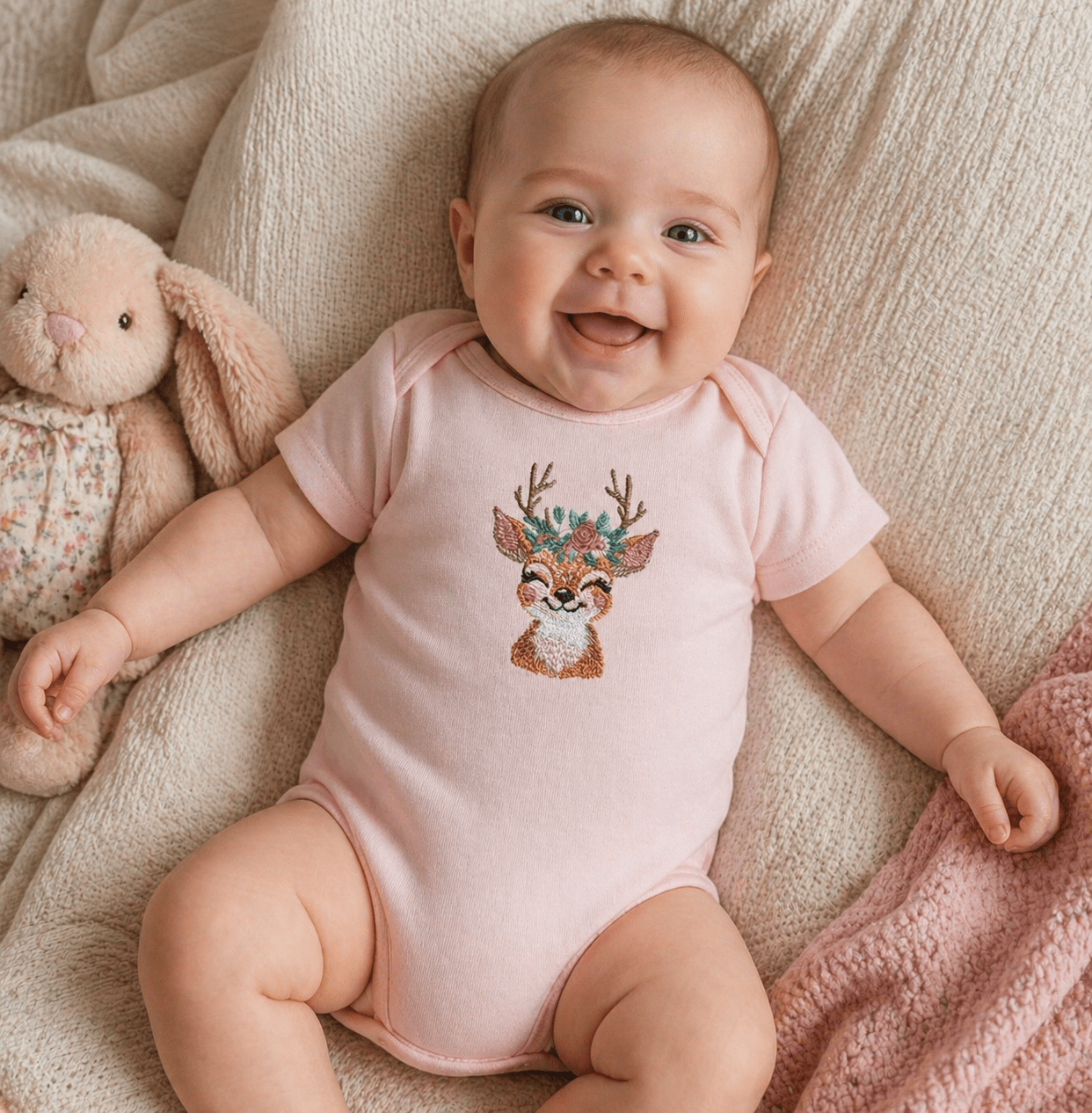 Bestickter Babybody mit Reh Motiv – personalisierbar | Geschenk zur Geburt Mädchen - KittySweetCrochet