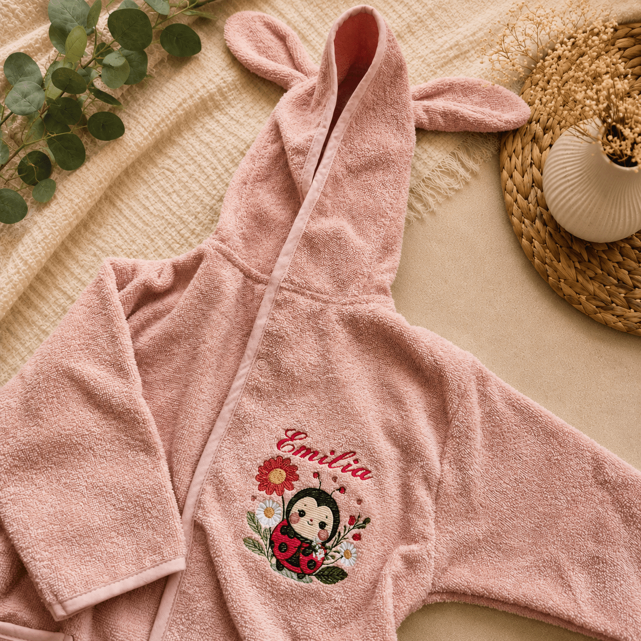 Bestickter Baby & Kinder Bademantel mit Namen & Marienkäfer– Hasenohren - KittySweetCrochet
