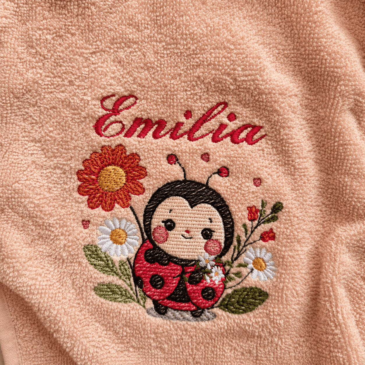 Bestickter Baby & Kinder Bademantel mit Namen & Marienkäfer– Hasenohren - KittySweetCrochet