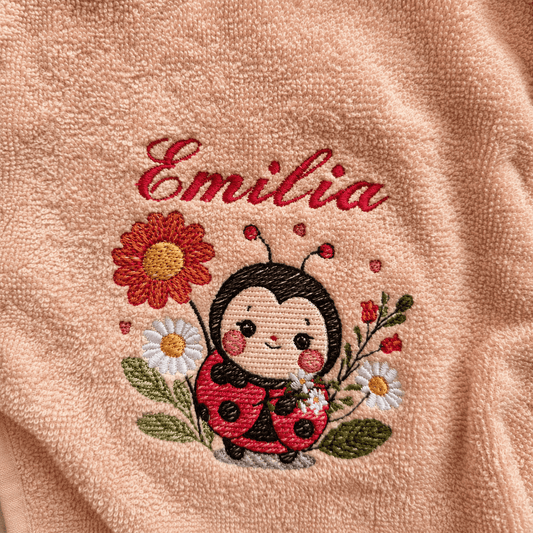 Bestickter Baby & Kinder Bademantel mit Namen & Marienkäfer– Hasenohren - KittySweetCrochet