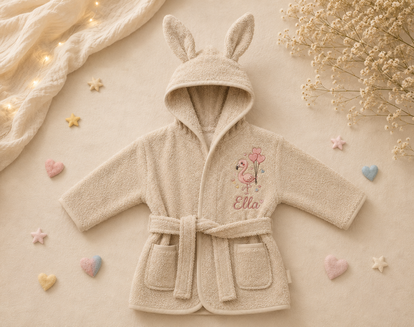 Personalisierter Baby-Bademantel mit Flamingo-Stickerei und Namen Ella in Beige. Kuscheliger Kapuzenbademantel mit Hasenohren aus weichem Frottee – individuelles Geschenk zur Geburt, Taufe oder Babyparty.