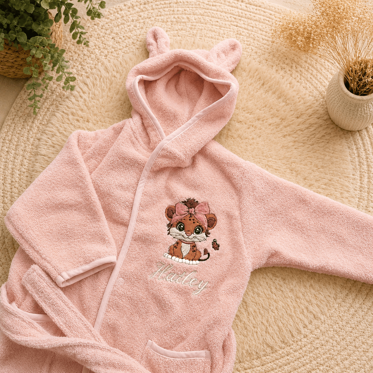 Bestickter Baby & Kinder Bademantel mit Namen & Tigerbaby– Hasenohren - KittySweetCrochet