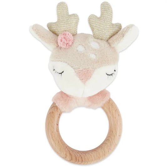 Greifring aus Holz mit weichem Reh „Ella“ in Beige und Rosa – liebevoll gestaltetes Babyspielzeug zum Greifen, Fühlen und Zahnen, ideal als Geschenk zur Geburt oder Babyparty.