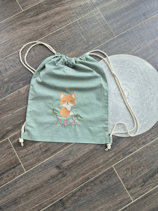 Bestickter, personalisierter Turnbeutel FUCHS, fairtrade in verschiedenen Farben - KittySweetCrochet